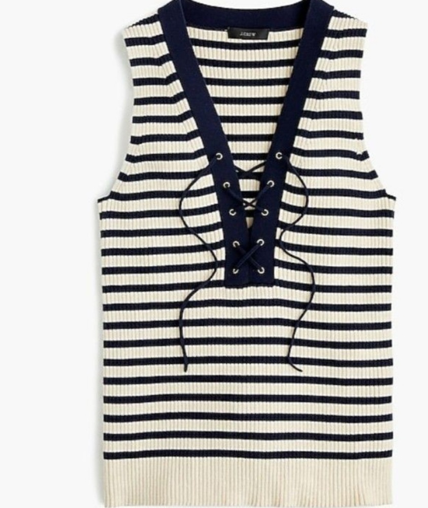 J. CREW Ribbed Lace-Up Sleeveless Striped Navy Ecru Knit Sweater NEW